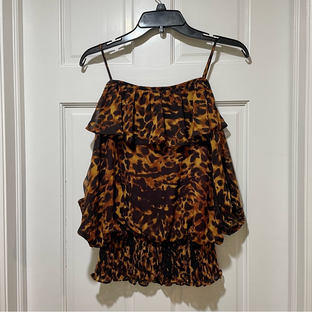 XOXO Cold Shoulder Animal Print Blouse with Smocked Waist